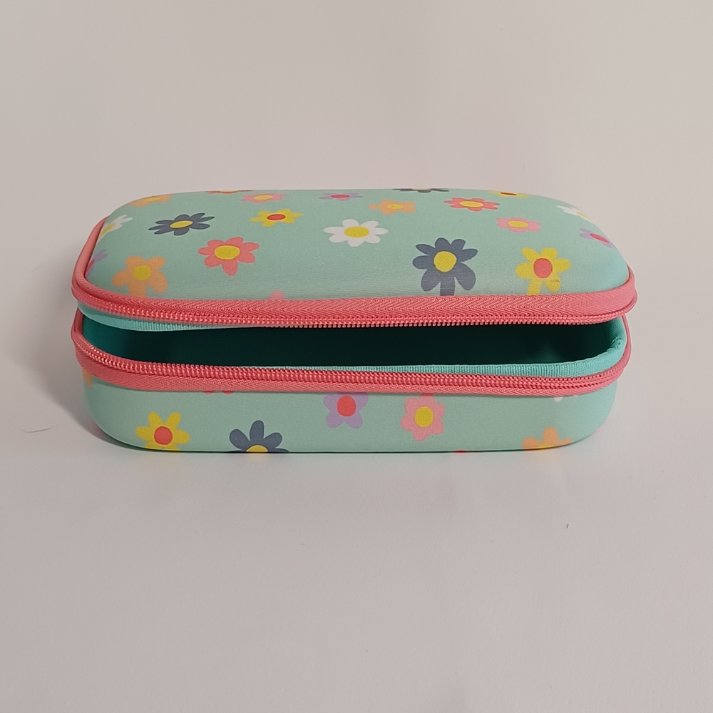 Floral Zippered Trinket Makeup Memorabilia Case - Mint with Pink Trim 8.5 x 4.5